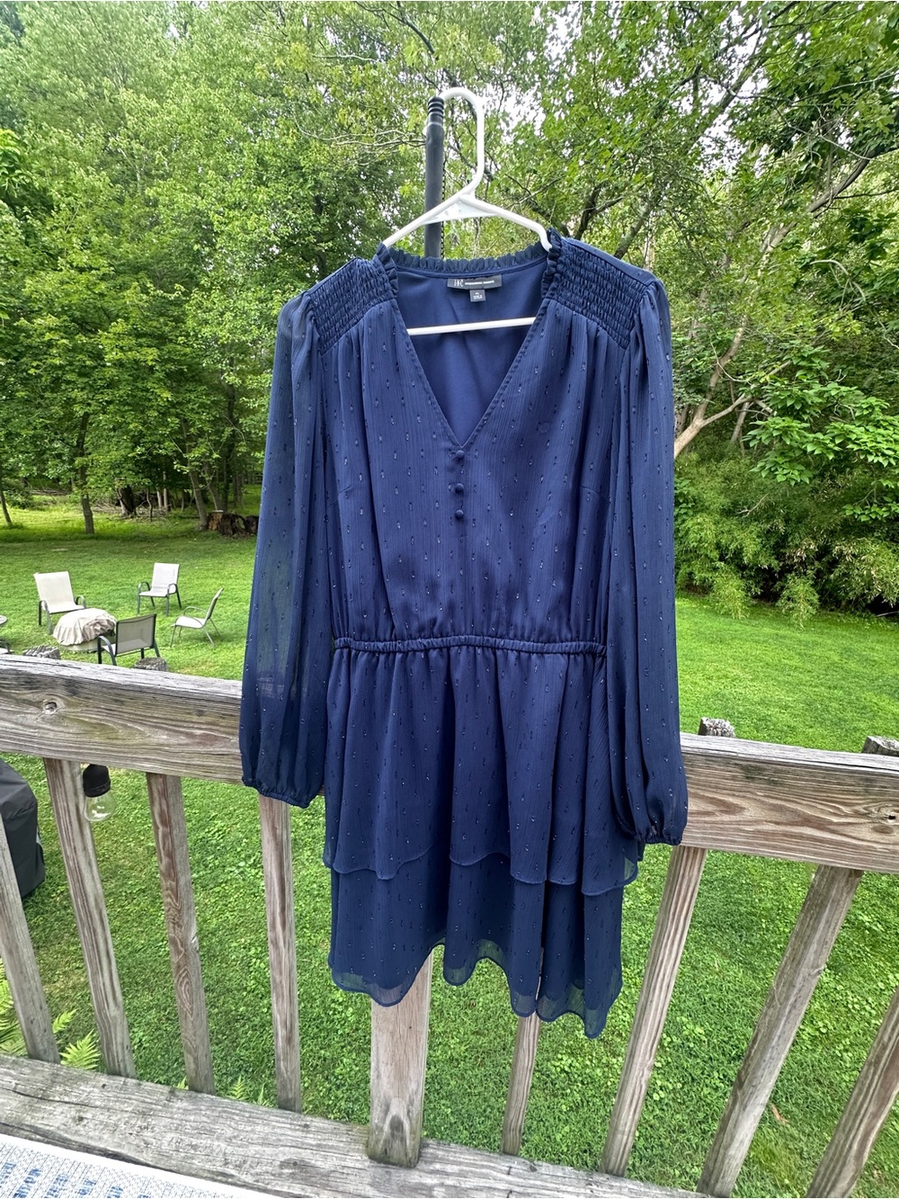 INC Navy Long-Sleeve Tiered V-Neck Dress